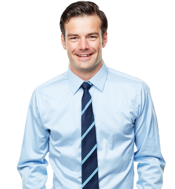 Happy looking man in a blue shirt and tie