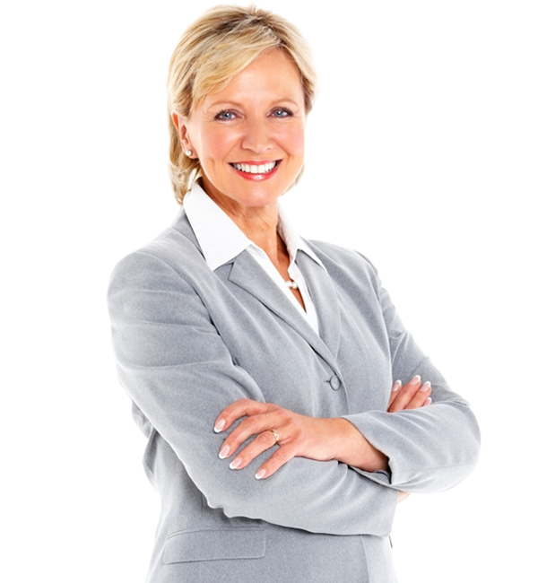 Happy looking lady in a grey suit with arms folded